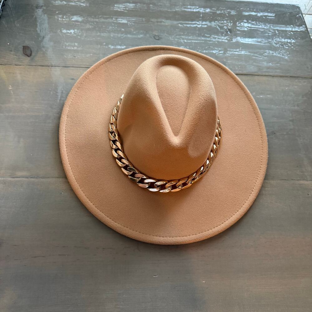 Camel Chain Link Strap Western Fashion Hat Sz O/S